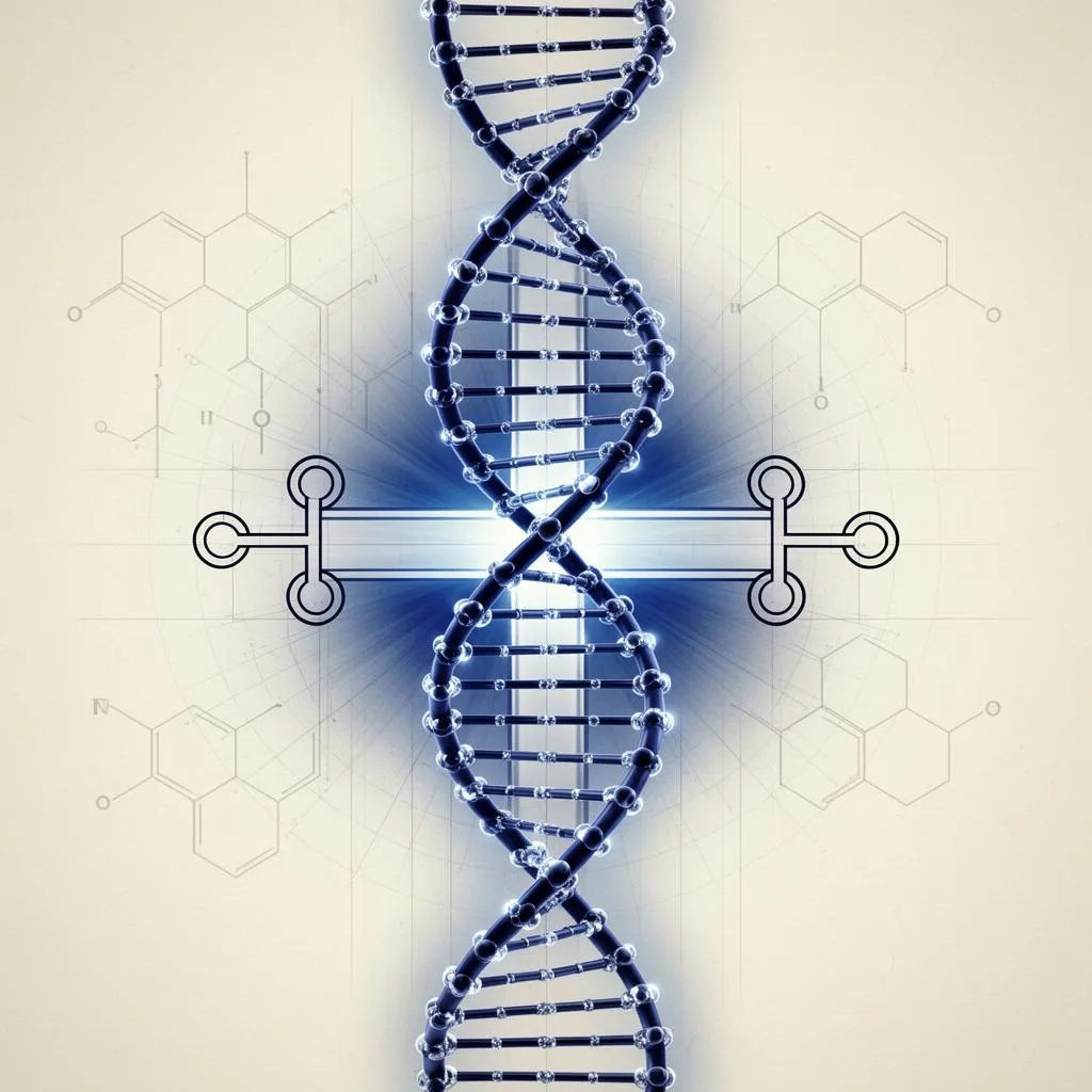 DNA double helix intersecting a luminous laminin cross — ADAM Molecular Research blueprint